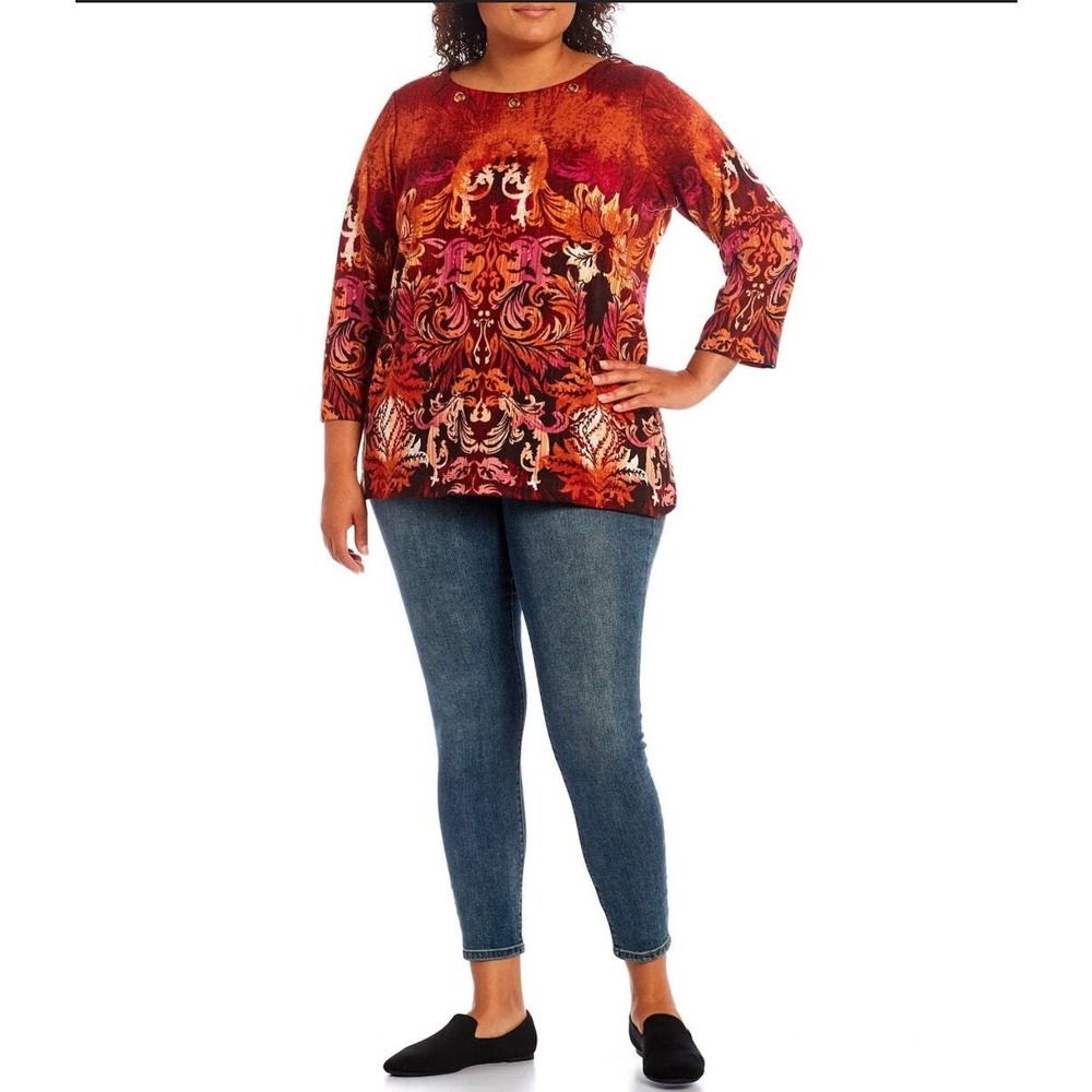 Ali Miles Women's Plus 2X Abstract Print Tunic Top‎ Grommet Knit 3/4 Sleeve
